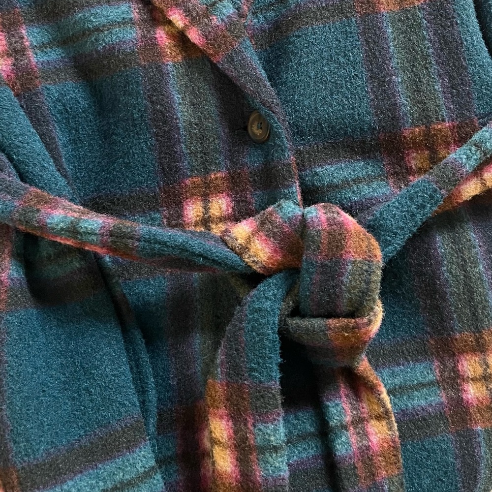 Maurices Plaid Belted Faux Wool Wrap Long Coat Sz XL Teal Tan Brown Pink - Picture 7 of 9